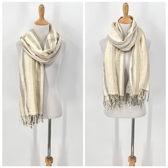 ESCUDO Accessories - ESCUDO 100% Pima Cotton Handmade in Peru Scarf Cream Blue Stripe Fringe